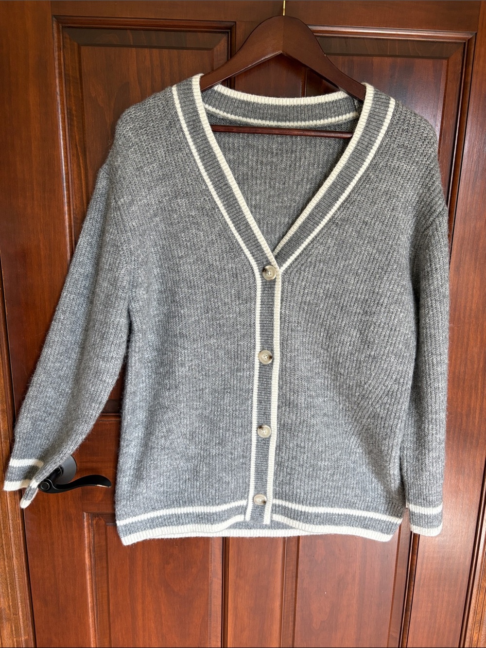 Gray w/White Trim V-Neck Button Cardigan Sweater Boyfriend Style- Women's Small